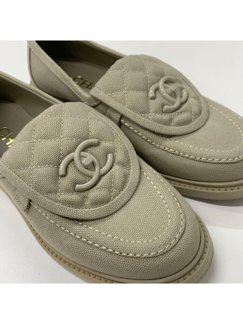★SOLD★ Chanel CC Logo Fabric Turnlock Loafers Beige - Picture 9 of 9